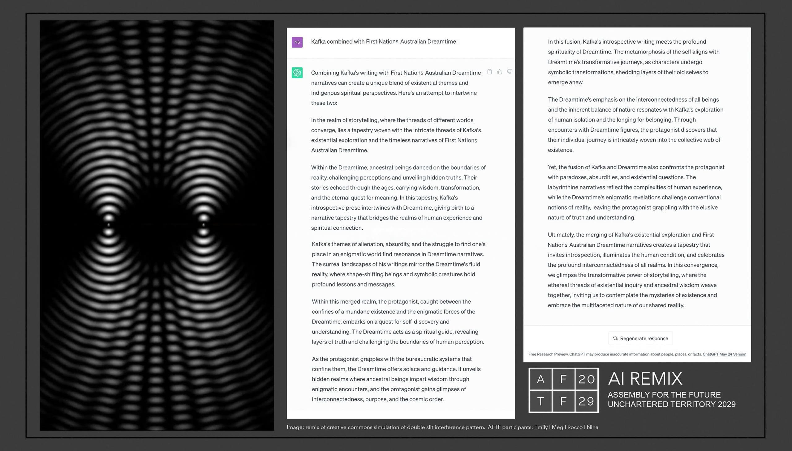 Black image with white light emanating out in bands from two central points. To the right of the image is a ChatGPT generated essay titled 'Kafka combined with First Nations Australian Dreamtime narratives'. Plain text of essay provided below the image. 