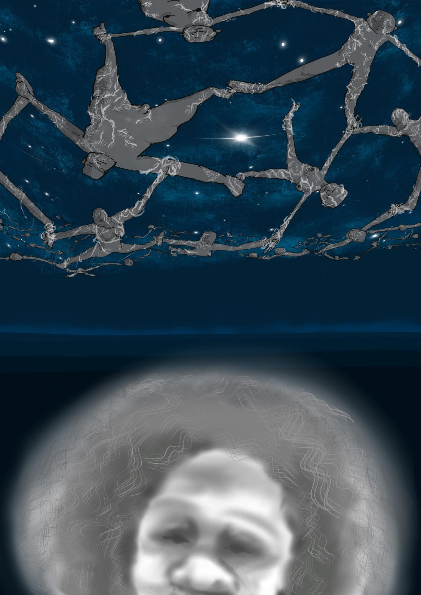 Image Description: AP1957 of the Ancient Ones appears in the foreground, the top half of the face of an Aboriginal woman with white face paint and curly ghostly grey hair. Above her, a network of naked hairless bodies spread across a starry night sky like a net, the white wispy hyphae of mycelium bonding to each body to the next, feeding off their bodies.