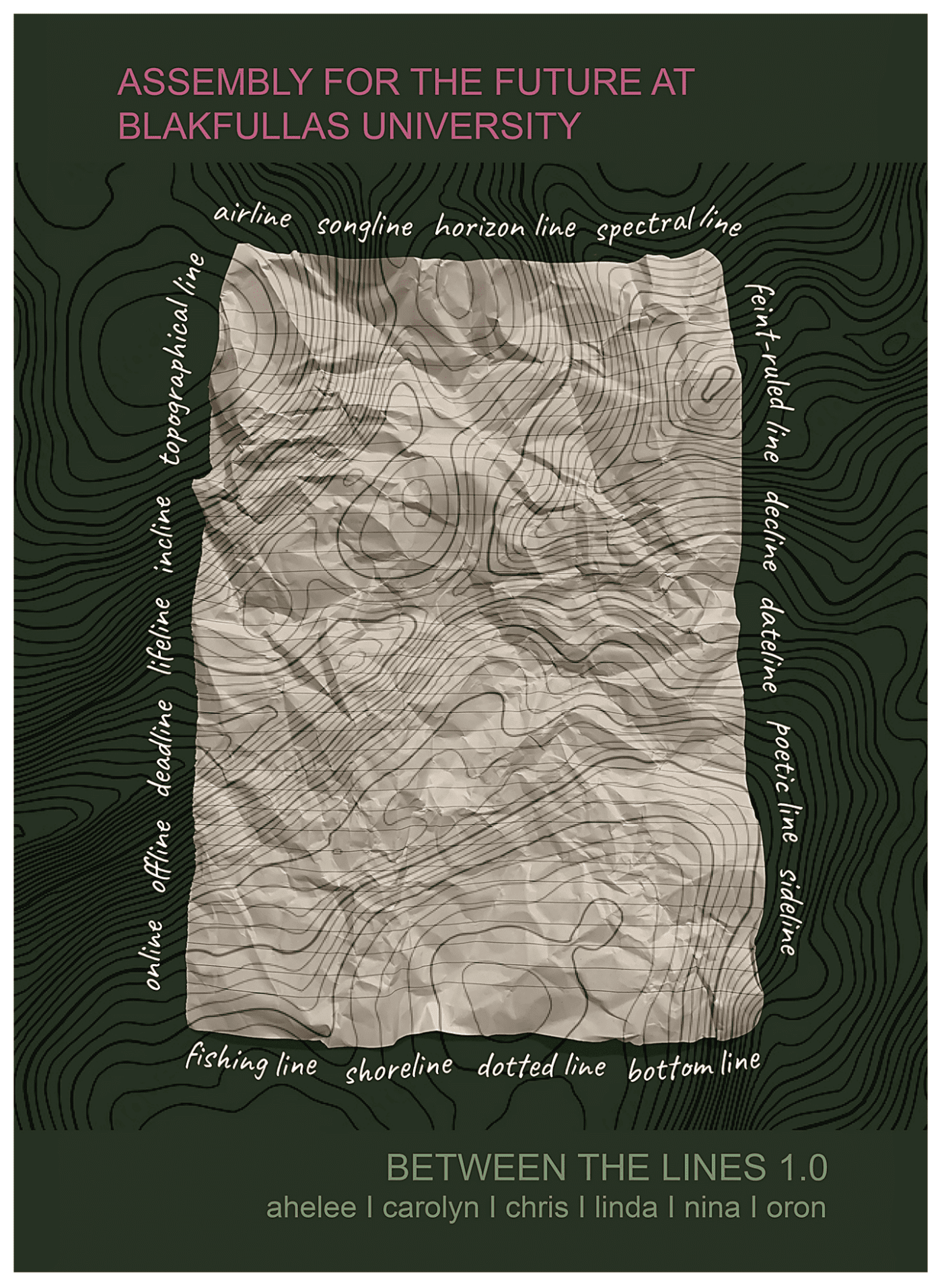 A crumpled page from a writing pad lies open, lined but without text. Contour lines from a topographic map are superimposed across it. Words create a border around the page. They read: airline, songline, horizon line, spectral line, feint-ruled line, decline, dateline, poetic line, sideline, bottom line, dotted line, shoreline, fishing line, online, offline, deadline, lifeline, incline, topographical line.