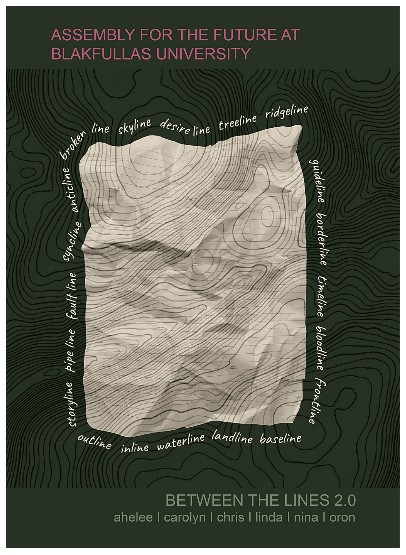 A crumpled page from a writing pad lies open, lined but without text. Contour lines from a topographic map are superimposed across it. Words create a border around the page. They read: skyline, desire line, treeline, ridgeline, guideline, borderline, timeline, bloodline, frontline, baseline, landline, waterline, inline, outline, storyline, pipe line, fault line, syncline, anticline, broken line.