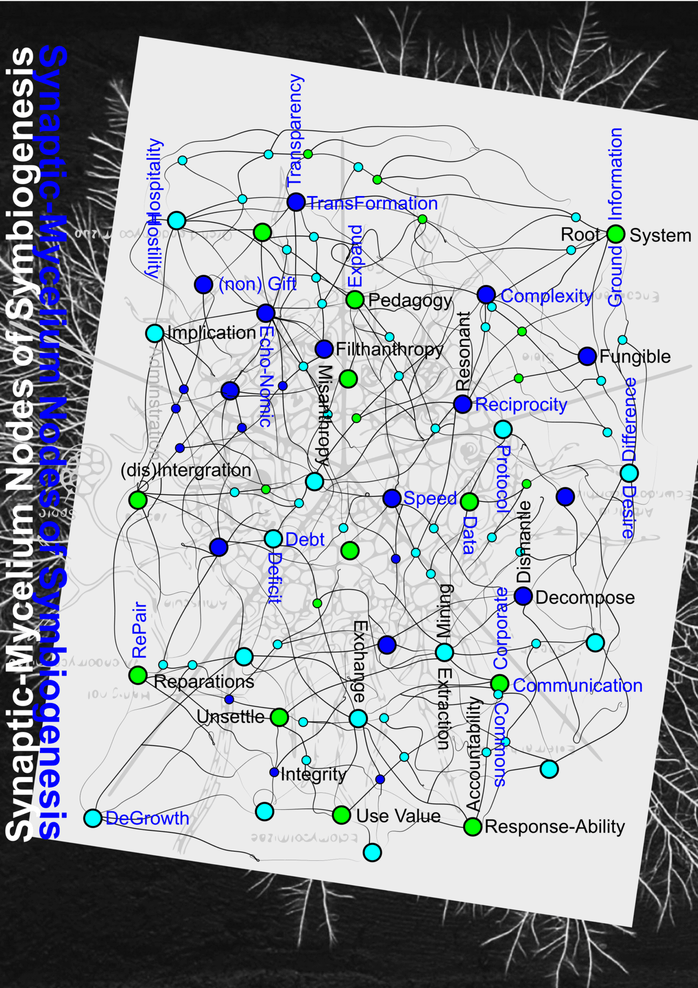 A number of small blue and green circles are connected into a network by thin black lines. These are superimposed over images resembling a cross section of a brain and dendrites. Some circles are labeled. The labels read: Transparency, Transformation, Hospitality, Hostility, (non) Gift, Implication, Echo-nomic, Expand, Pedagogy, Filthanthropy, Misanthropy, (dis)Intergration, Debt, Deficit, RePair, Reparations, Unsettle, DeGrowth, Integrity, Use Value, Extraction, Mining, Speed, Data, Reciprocity, Resonant, Complexity, Root, System, Ground, Information, Fungible, Difference, Desire, Dismantle, Decompose, Protocol, Corporate, Communication, Commons, Response-Ability.