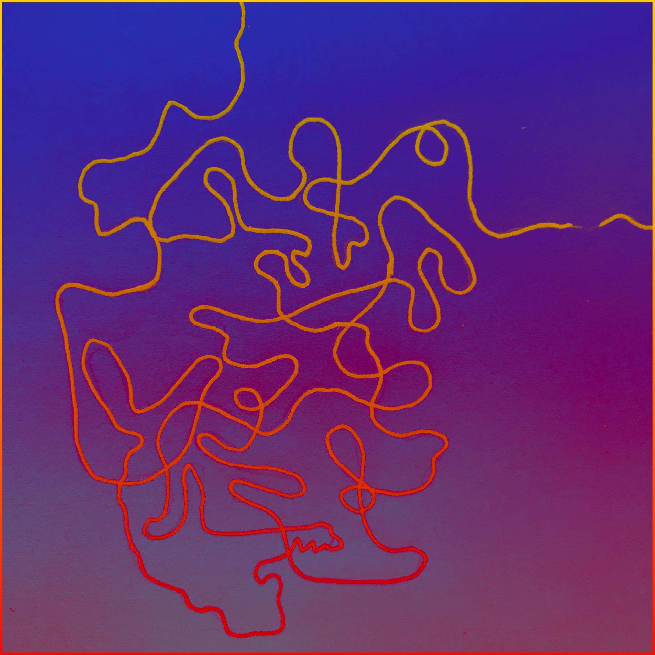 A tangled orange line meanders and loops across a vivid purple background. At one point it is broken.