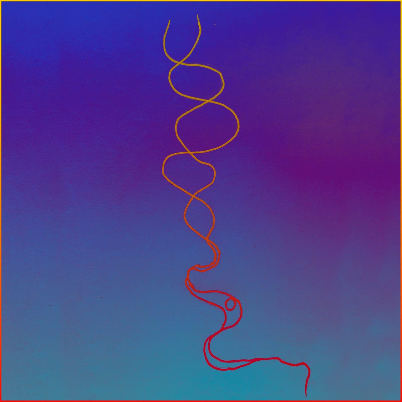 Two orange, string-like lines on a vivid purple background appear to cross back and forth over each other and eventually converge into one line.