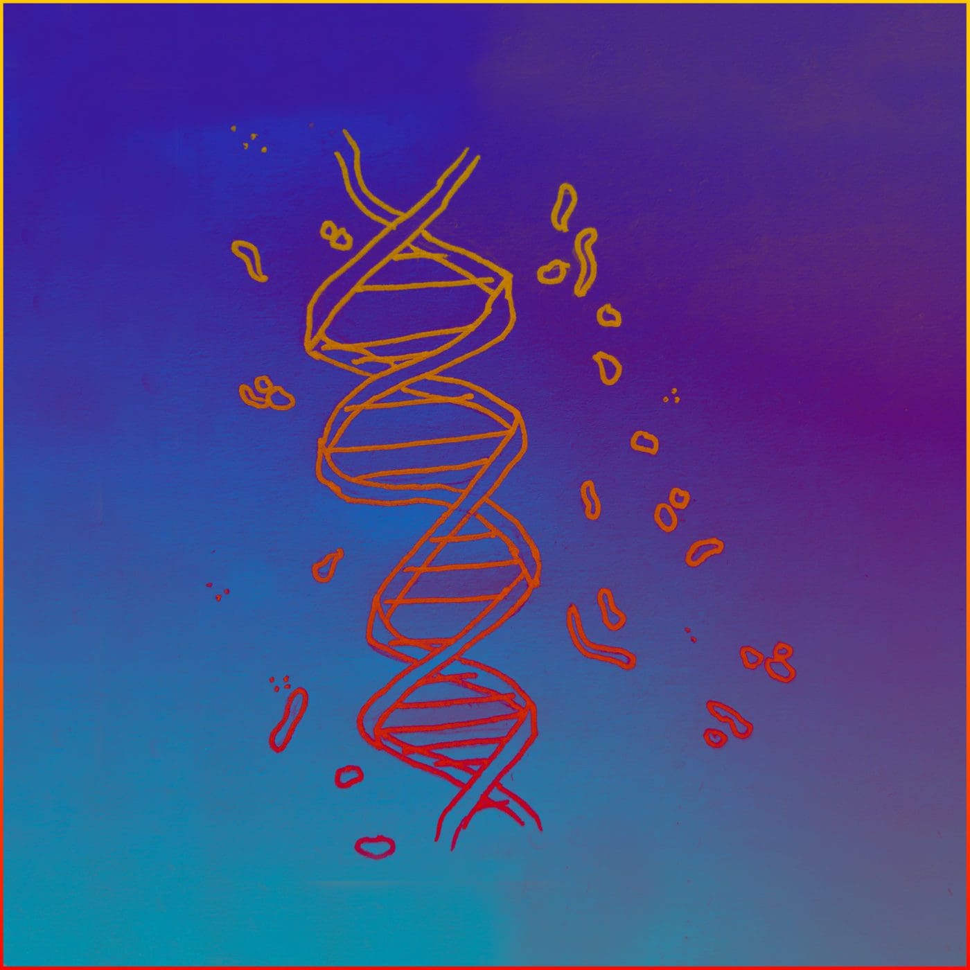 A line drawing of orange on vivid purple depicts a double helix structure formed by double-stranded molecules of DNA. This is surrounded by small cells.