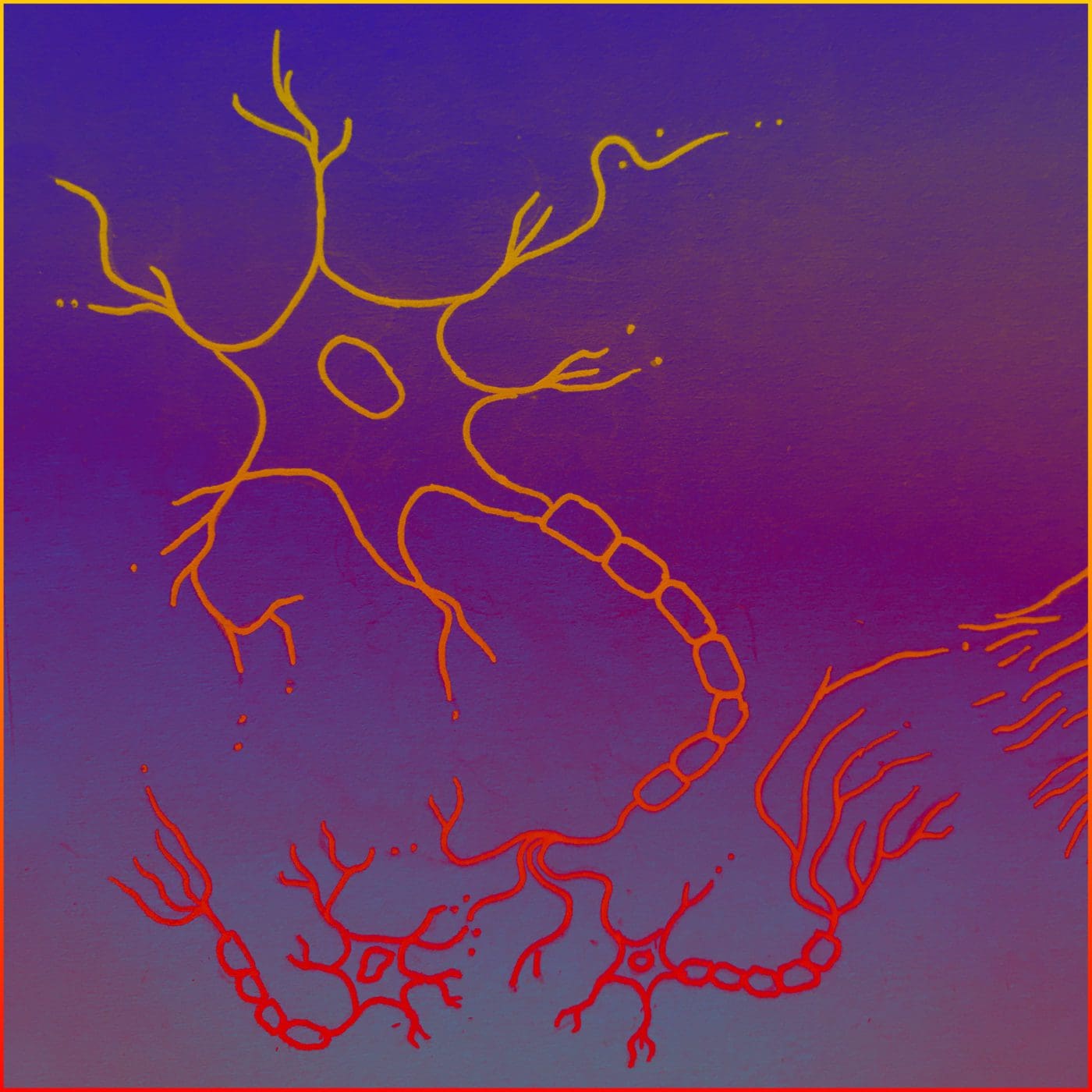 A line drawing of orange on vivid purple depicts three neurons. These organic shapes have three main parts akin to a tree: dendrites resembling branches, the soma resembling a segmented trunk and the root-like axon.