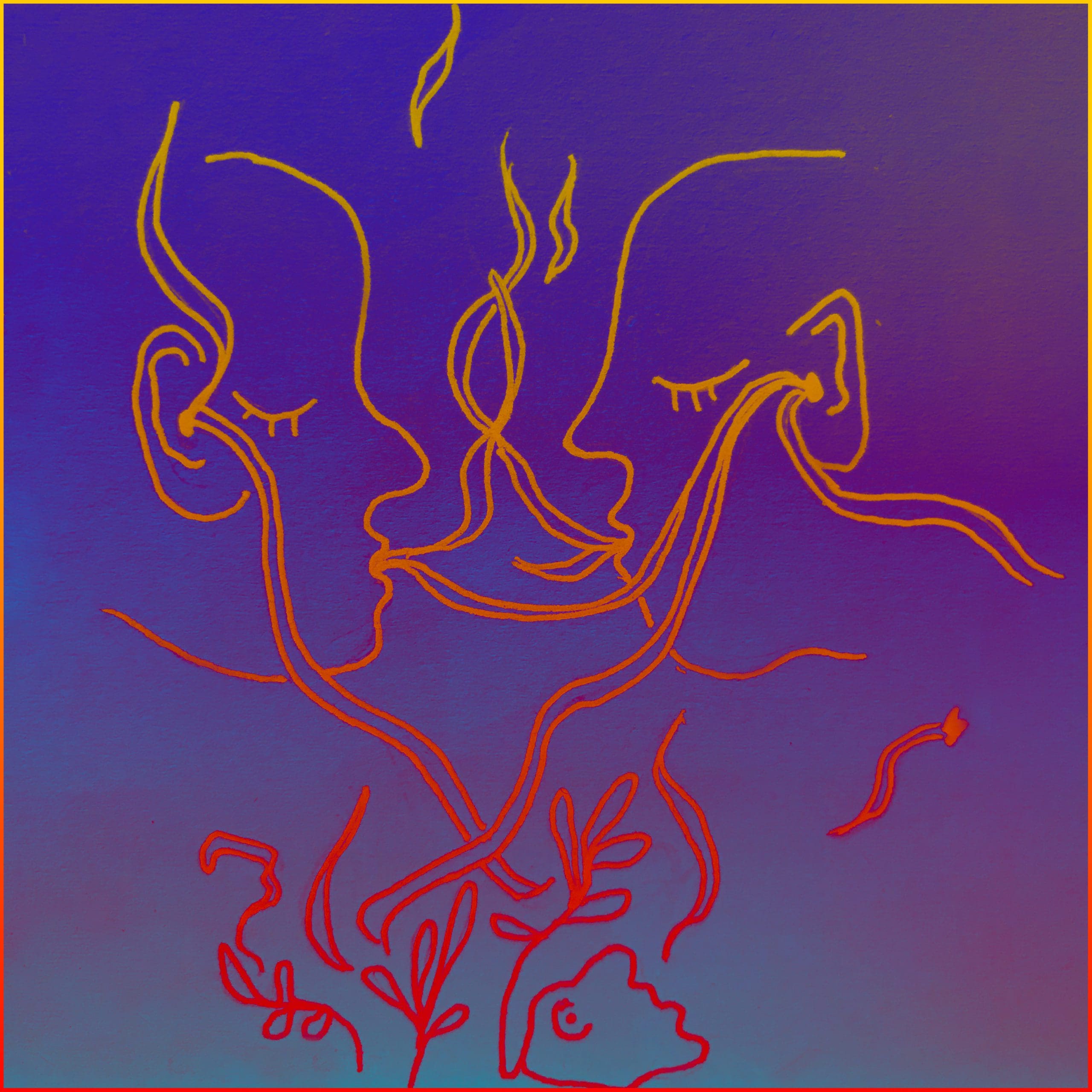 A line drawing of orange on vivid purple depicts two face, eyes closed and turned towards each other in profile. Lines connect their mouths and ears to each other and to plants below. Some lines rise up like flames.