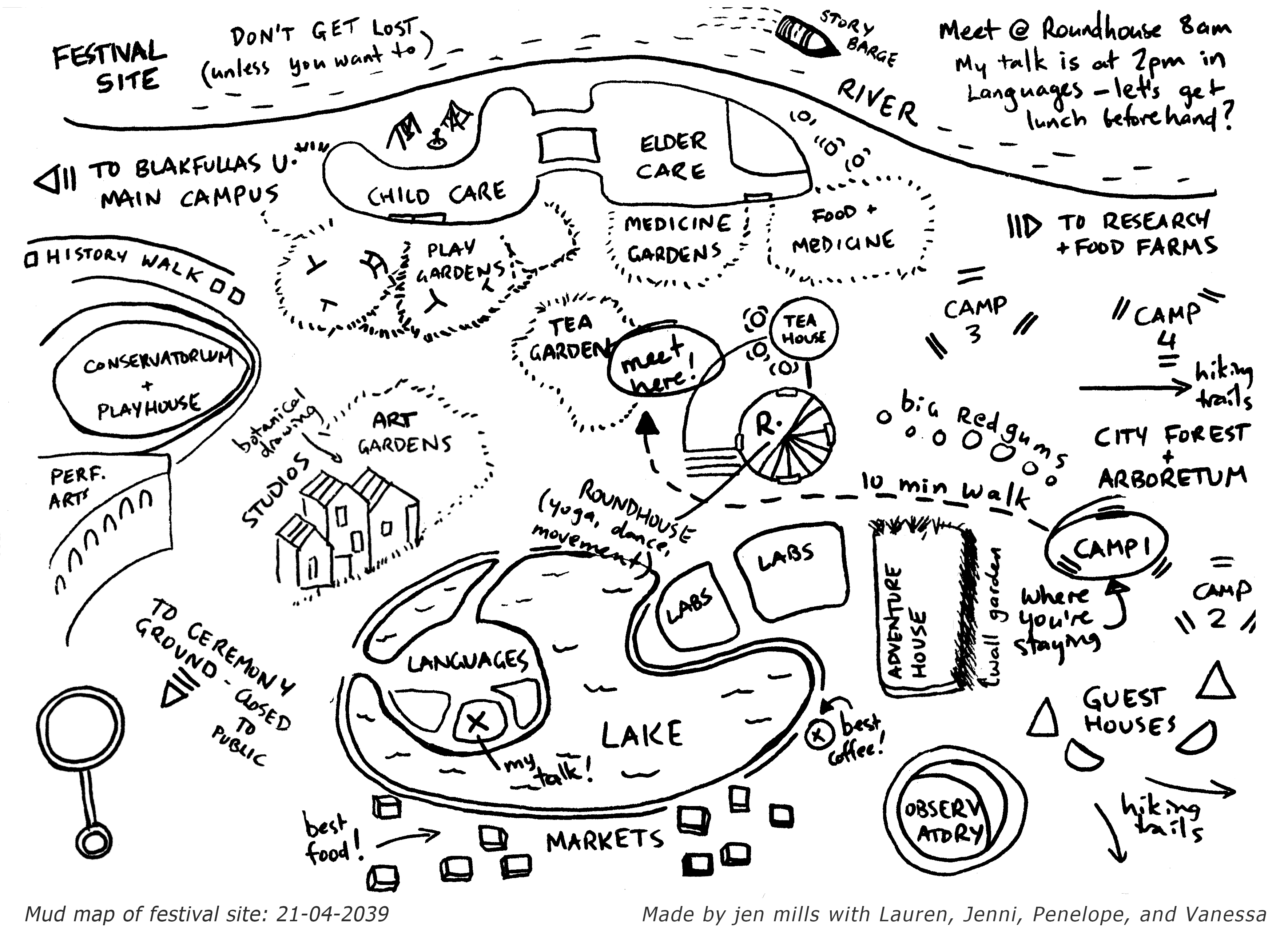 The image is a practical, hand-drawn map depicting a festival site in black on white. The site features gardens, accommodation, care, play, research and art areas and natural features such as a lake and river. Arrows off the map point to ‘BLAKFULLAS U MAIN CAMPUS’ and ‘CEREMONY GROUND - Closed to public’. Notes at the top read ‘Meet at Roundhouse 8am. My talk is at 2pm in Languages - let’s get lunch beforehand?’ and DON”T GET LOST (unless you want to).