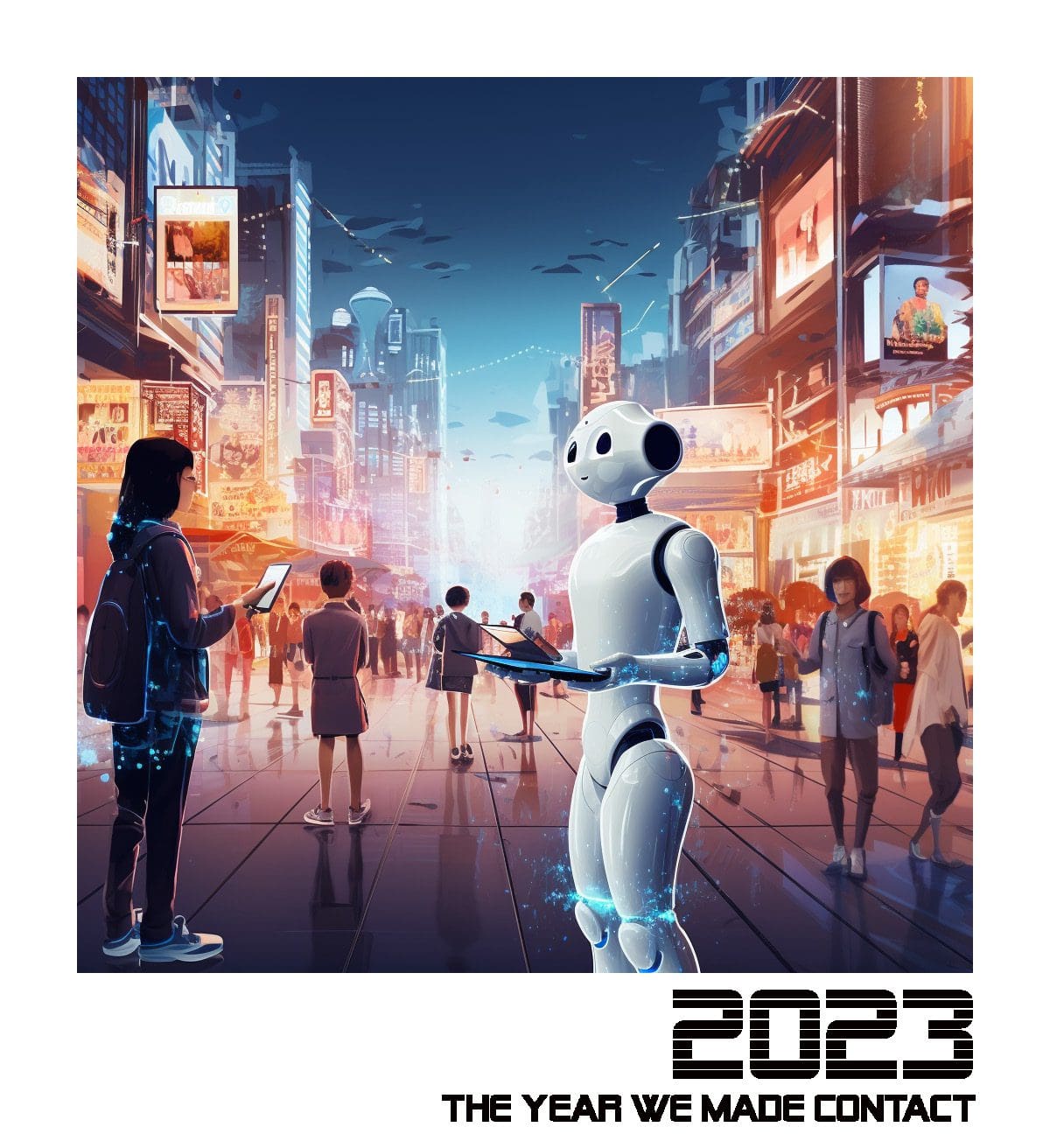 2023 The Year We Made Contact. A white robot in a busy city mall, surrounded by humans holding devices.