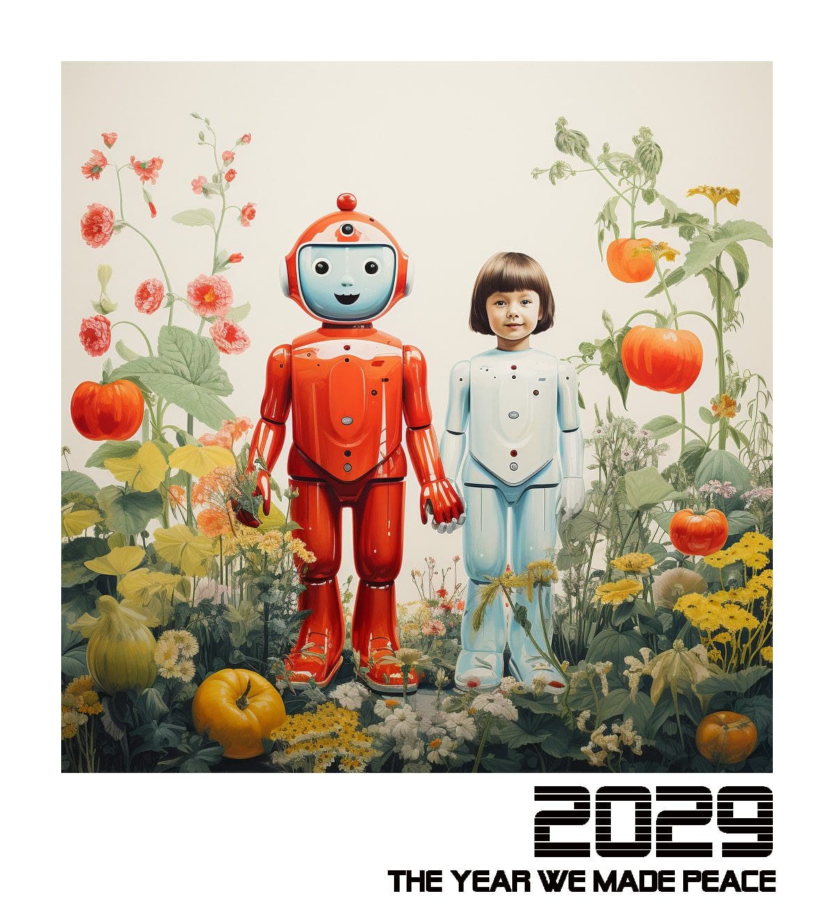 2029 The Year We Made Peace. A smiling red robot holds hands with a white robot with a human child's face. They stand happily in a colourful, flowering garden.